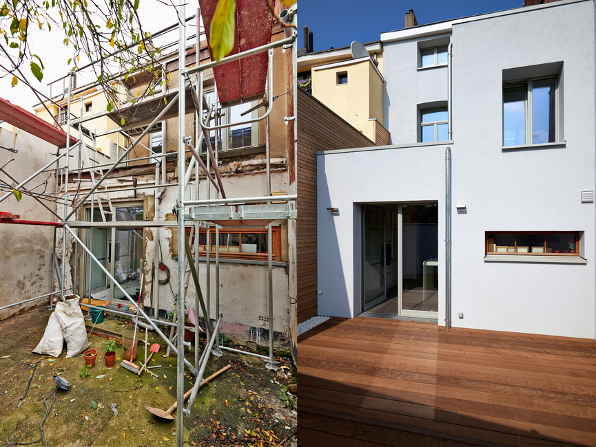 Construction of a new facade in courtyard  from old house before and after